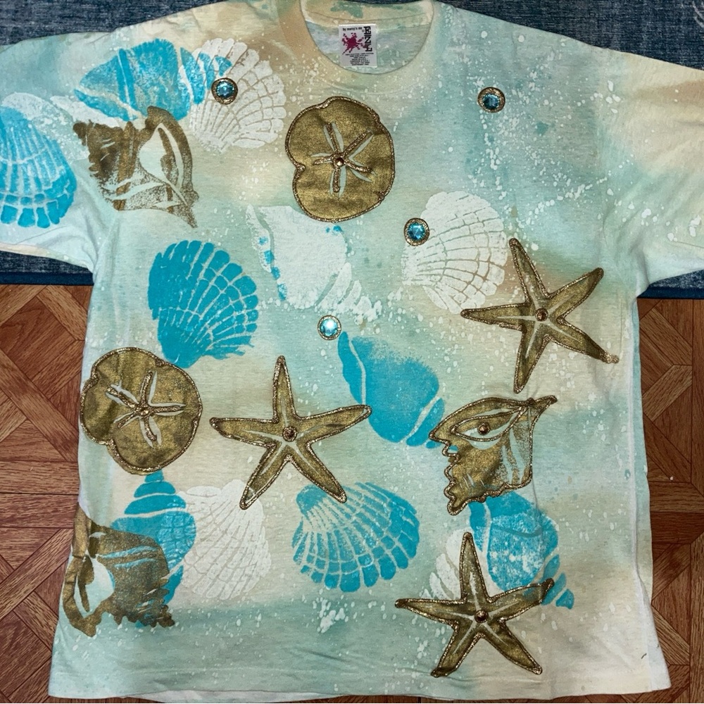 Vintage EZL Marcy and Me VTG Marcy ‘N Me Glitter Jewel Beach Tee-Shirt Gold Aqua